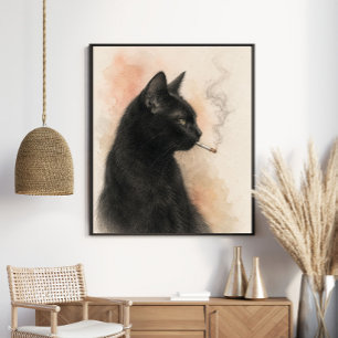 Póster Gato Negro Misterioso Fumando Grafito Vintage