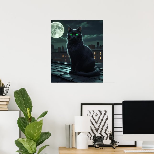 Póster Gato negro místico bajo la luna llena (Oficina en casa)