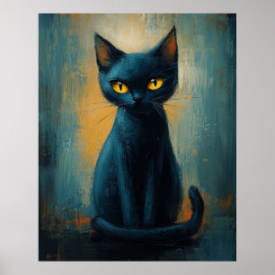 Póster Gato negro místico en sombras de azul verdoso