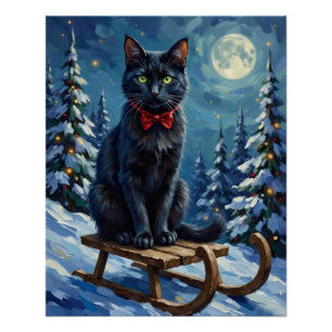 Póster Gato Negro Místico Enamorado Trineo de Navidad de 