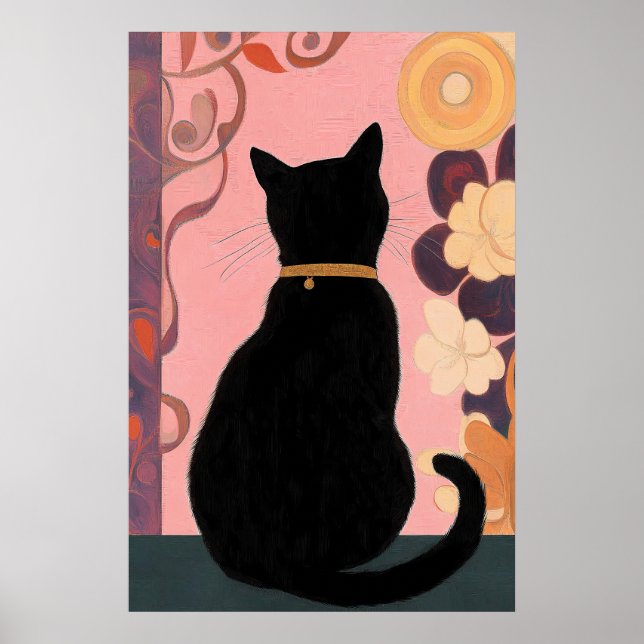 Póster Gato negro místico sobre fondo abstracto rosado (Frente)