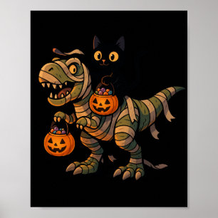 Póster Gato Negro Montando T-Rex Momia – Dino Cute de Hal