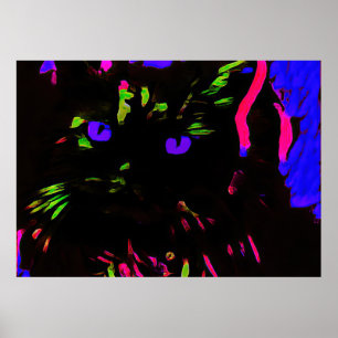 Póster Gato negro neón con ojos brillantes