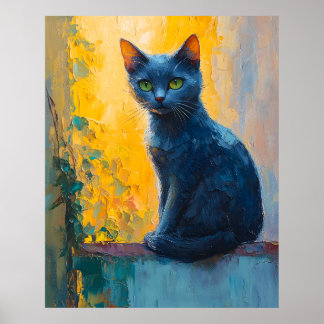Póster gato negro, ojos verdes, gato caprichoso, bac colo