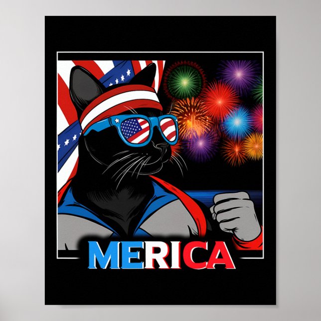 Póster Gato negro patriótico de fuegos artificiales (Frente)