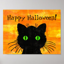 Póster Gato negro peek-a-boo en Naranja de Halloween