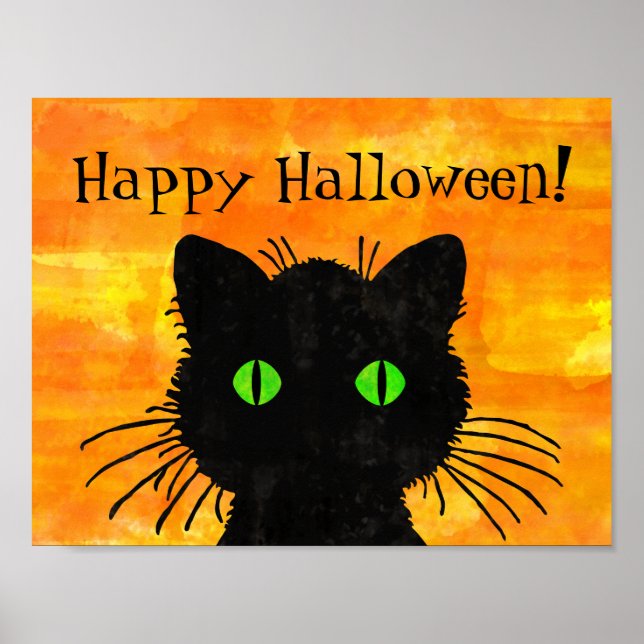 Póster Gato negro peek-a-boo en Naranja de Halloween (Frente)