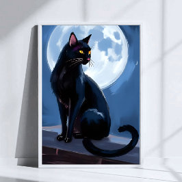 Póster Gato Negro | Pintura de Mascota al Agua Luna Llena