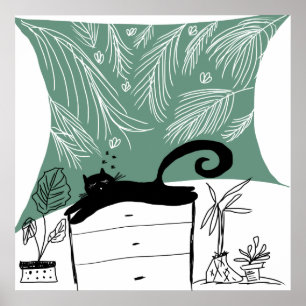 Póster Gato Negro Planta Jungla Relajante
