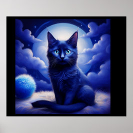 Póster Gato Negro Posando Frente A La Luna Y Nubes Blanca