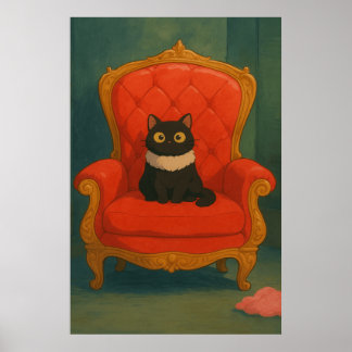 Póster Gato negro regio en trono rojo