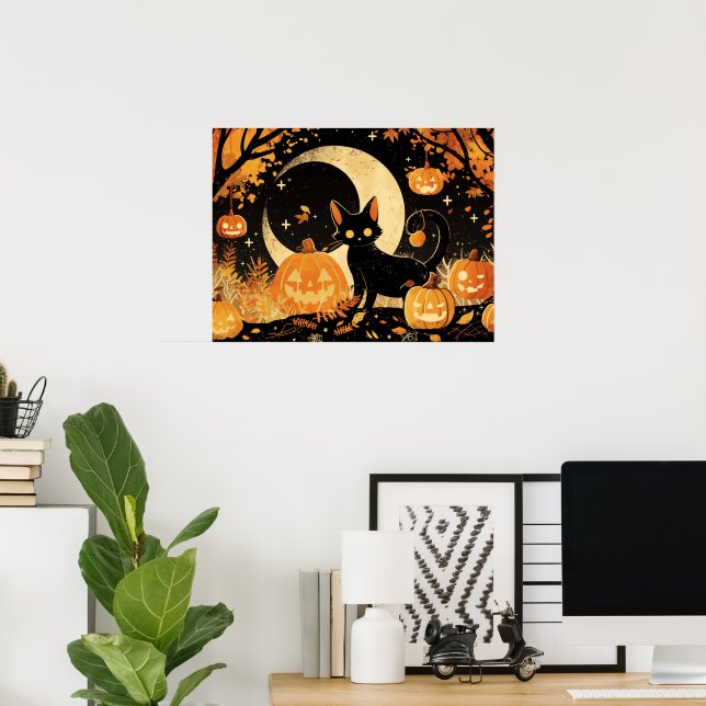 Póster Gato Negro Retro con Jack-o’-Lanterns (Oficina en casa)