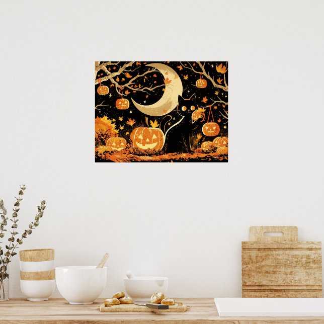 Póster Gato Negro Retro con Jack-o’-Lanterns (Cocina)