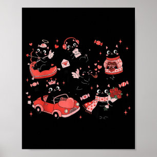 Póster Gato Negro Retro Corazón Día de San Valentín Gatit