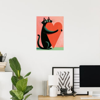 Póster Gato negro retro de mediados de siglo abrazando co