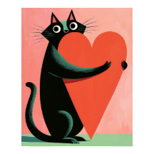 Gato negro retro de mediados de siglo abrazando co