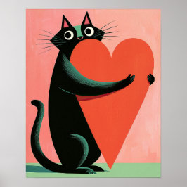 Póster Gato negro retro de mediados de siglo abrazando co
