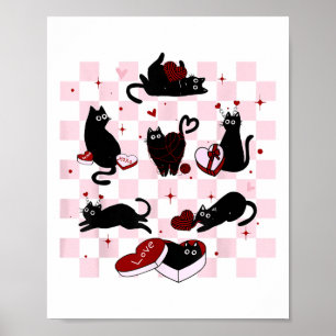 Póster Gato negro retro jugando al corazón Día de San Val