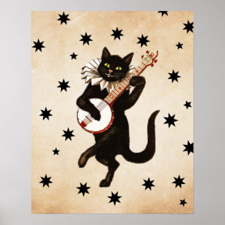 Póster Gato negro retro vintage jugando banjo | Regalo de