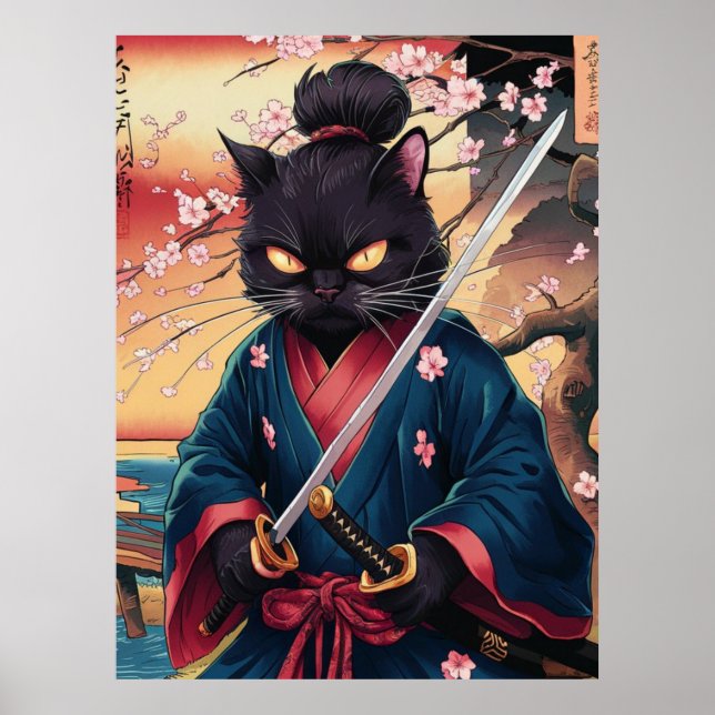 Póster Gato negro samurái divertido (Frente)