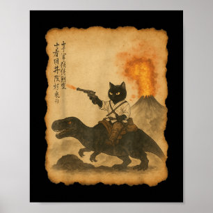 Póster Gato negro Samurai montando dinosaurio erupción vo