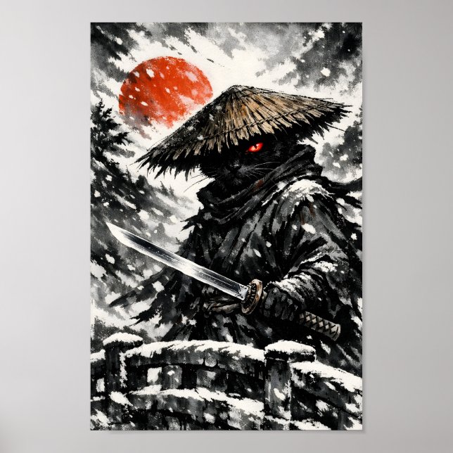 Póster Gato Negro Samurái Ronin Katana Sol de Invierno Su (Frente)