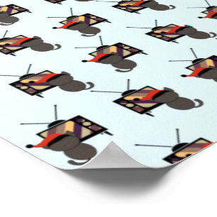 Póster Gato Negro Santa Sombrero Mirando TV Retro Antiguo