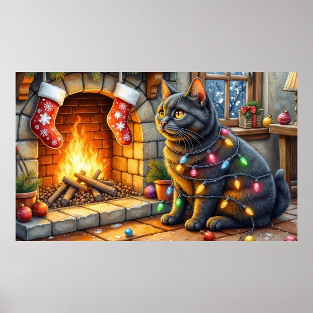 Póster Gato Negro Sentado junto a Chimenea con Luces de N (Frente)