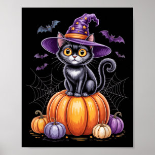 Póster Gato Negro Sobre Calabaza Con Sombrero De Bruja Ha