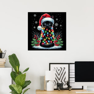 Póster Gato Negro Sombrero de Santa Navidad Divertido Gat