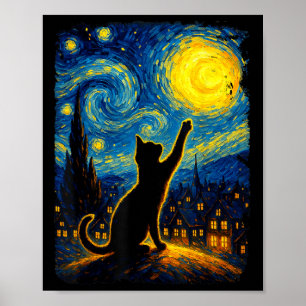Póster Gato negro Starry Night Van Gogh Cat, Gato Mamá, G