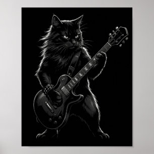 Póster Gato negro tocando guitarra eléctrica roquero góti