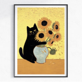 Póster Gato negro travieso estilo de pintura de girasol