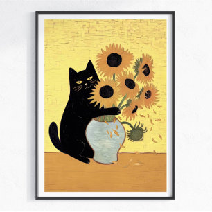 Póster Gato negro travieso estilo de pintura de girasol