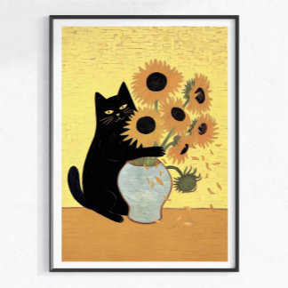 Póster Gato negro travieso estilo de pintura de girasol