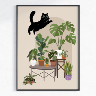 Póster Gato Negro Travieso & Jungla de Monstera