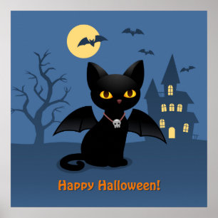 Póster Gato negro vampiro de Halloween con alas