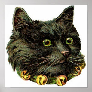 Póster Gato negro victoriano con collar de campana