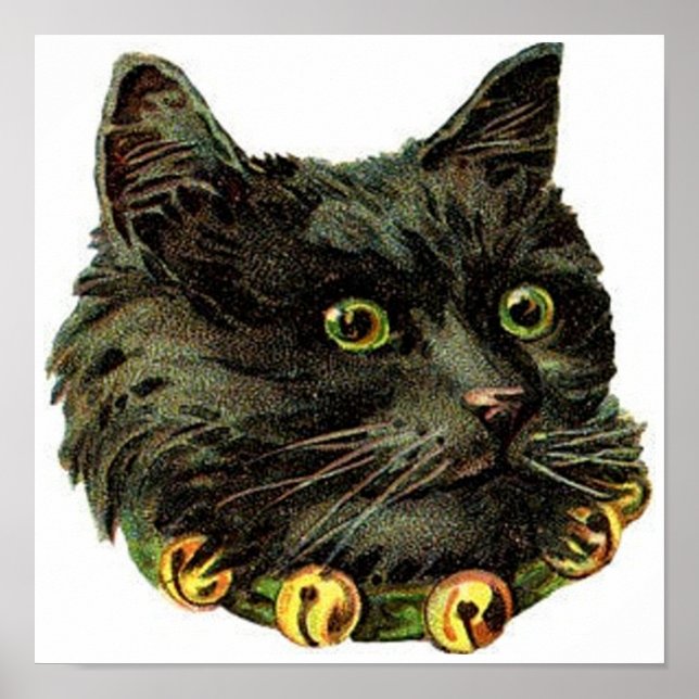 Póster Gato negro victoriano con collar de campana (Frente)