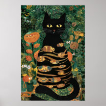 Gato negro vintage de Gustav Klimt en un jardín de