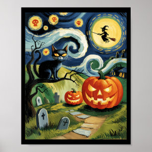 Póster Gato negro vintage de Halloween en una noche de Y 