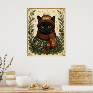 Póster Gato negro vintage de Navidad