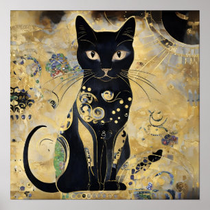 Póster Gato negro vintage en sombra dorada
