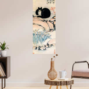 Póster Gato negro vintage y narciso de Zhu Ling