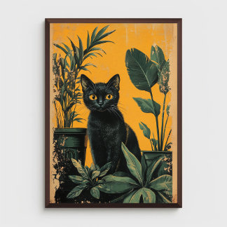 Póster Gato negro vintage y plantas potentes