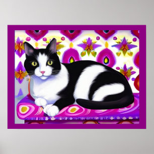 Póster Gato negro y blanco de esmoquin en un colchón