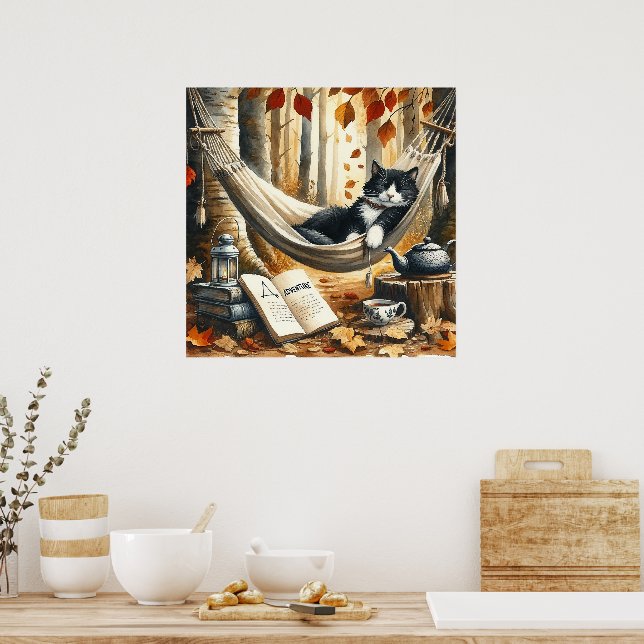 Póster Gato negro y blanco de Tuxedo soñando con la avent (Cocina)