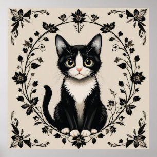 Póster Gato negro y blanco elegante
