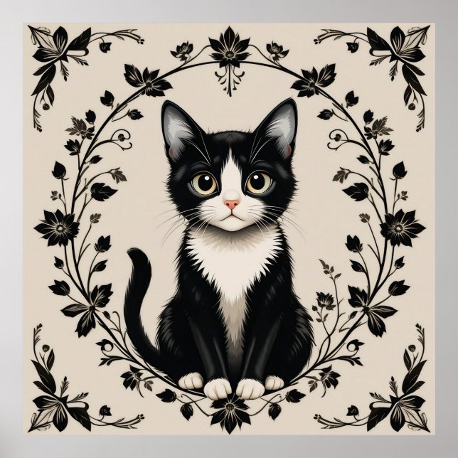 Póster Gato negro y blanco elegante (Frente)