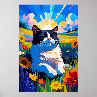 Póster Gato negro y blanco lindo descansando en un prado